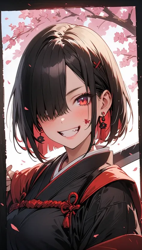 (beautiful girl : 1.3),1 girl,(samurai,warrior, Japanese sword,headband,Chest guard,earrings), black hair,bob cut the blue cloth, Hair Over One Eye,red petal tattoo on the cheek,crazy smile,Reckless attitude,Evil face,Provocative attitude, with sharp eyes ...