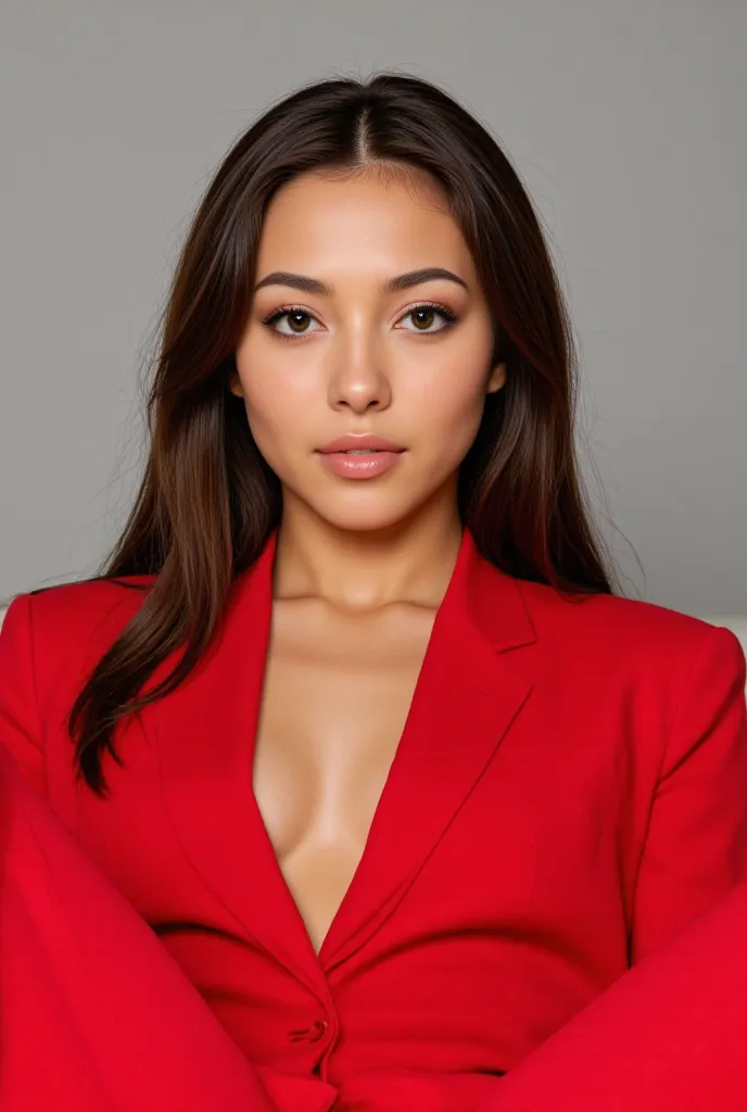 A cute and beautiful woman with symmetrical facial features, sharp jawline . expressive eyes. glossy hairs, flawless makeup, glowing skin , wearing red color suit and red color tie with red color pant