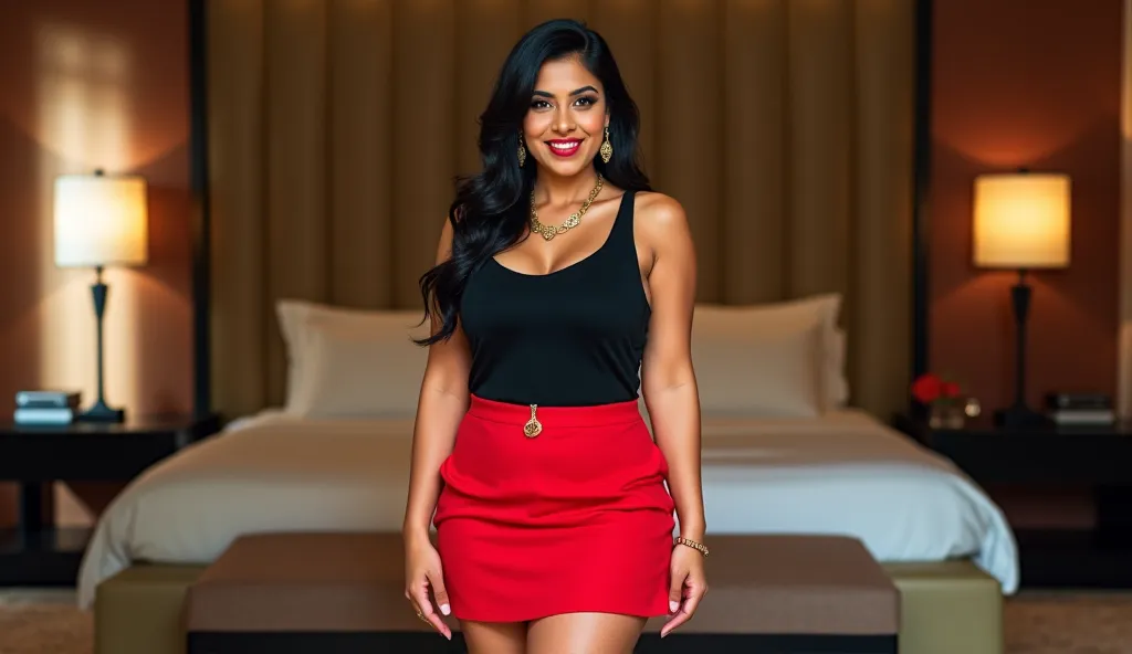 Full body photo of an Indian women having a perfect curvy figure, She wearing a vibrant black sleeveless top with long V-neck that is hugging her curves lovingly and "Naughty Boy, Go to my Room Right Now" is written on it. She is also wearing a red flared ...