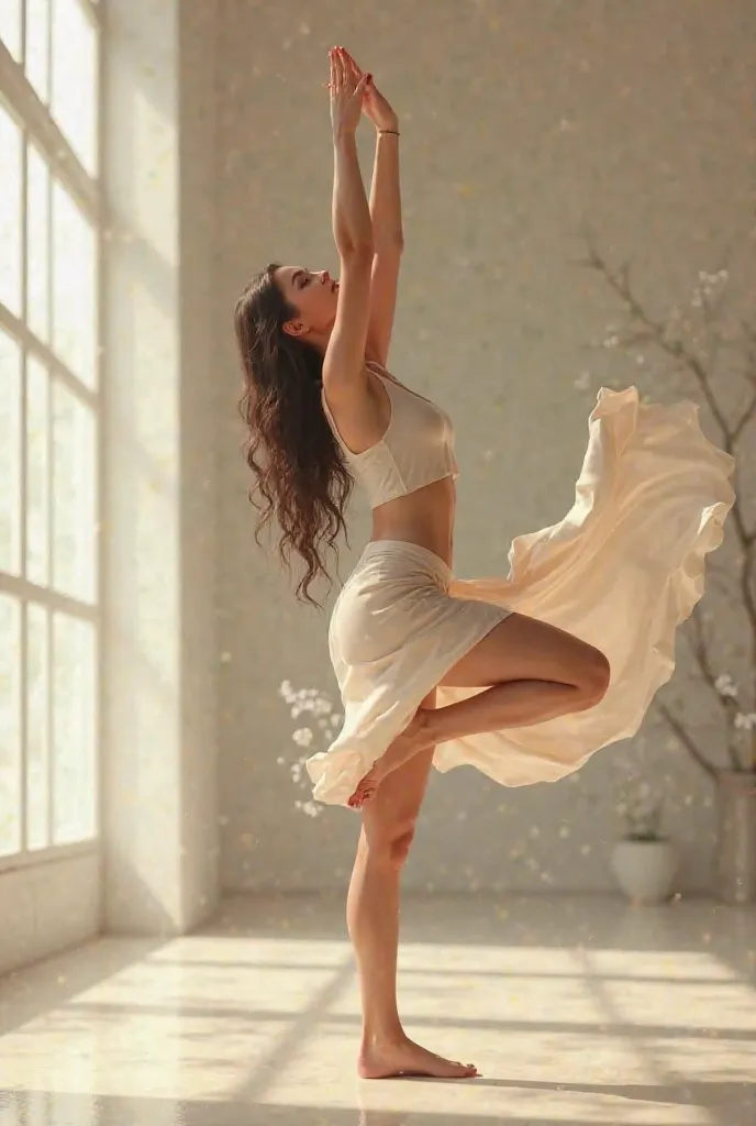 girl doing yoga with legs up in a skirt from close by