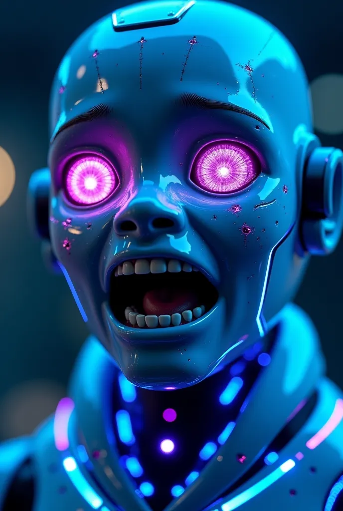 A futuristic digital avatar with blue and violet neon details on his face, with exaggerated expressions and bright eyes that react dynamically to the content he sees. His skin is semi-transparent with visible light circuits. His design is similar to an and...