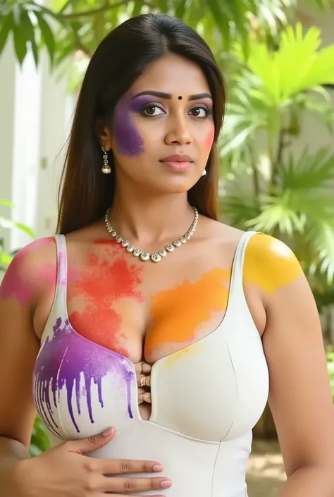 araffe woman in a white dress with colour splash through hand on her chest, * colour splash *, colour splash, in red, blue, yellow, green, orange, pink, purple, brown colour splash Body and breast and chest paint, brutal bloody and sluty make up, covered i...