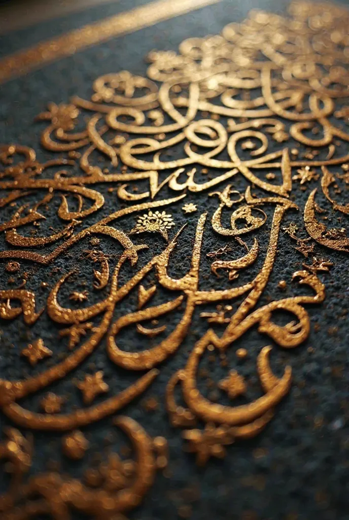 A detailed, intricate design of Arabic calligraphy.  The script is complex and interwoven, forming a visually rich pattern.  The characters vary in size and style, creating depth and texture. The colors are primarily gold and dark brown or black, with some...