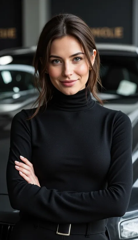  A confident and elegant woman ,  Realistic looking , leaning against a modern and stylish car. She's smiling slightly,  conveying confidence and determination . Her posture is natural, with arms crossed or one hand resting on the car.  The background is s...