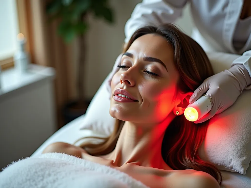 create a realistic image of a woman sitting in the beauty salon using a laser plank with red light in her hair
