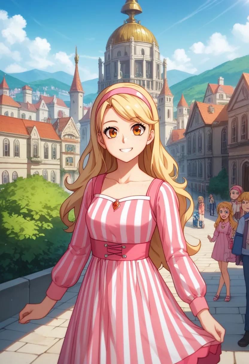 ((masterpiece,best quality)), absurdres, BREAK, 1girl, blonde hair, pink dress, pink headband, orange eyes, striped dress, long sleeves, smile, freckles, smile, best quality, masterpiece, standing, day, city, long hair,Masterpiece, Best Quality, Anime Styl...