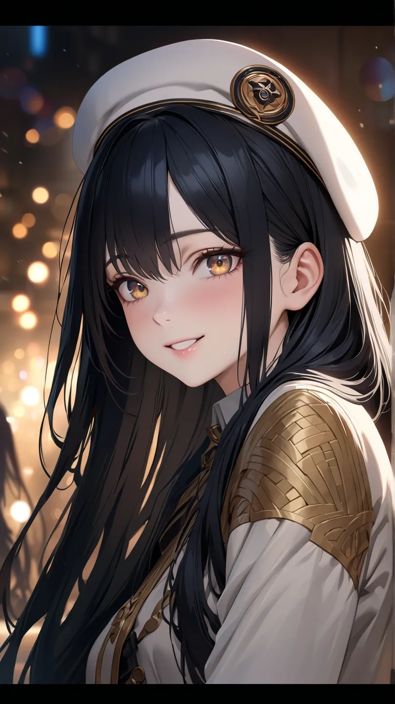  beautiful girl, long hair, smile,  black hair, eyes of gold, beret, High Resolution, masterpiece, High Resolutionモデル, 高details, quality, details, long hair, smile, element, exterior, anime風, anime, 4K high image quality,, Detailed depiction, realistic, re...