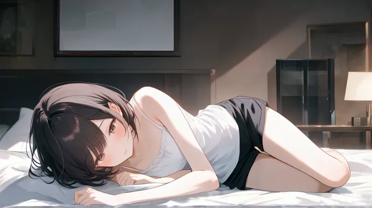 (((high image quality))）、（（One person））、38-year-old Japanese woman、  Skinny Body  、short hair、white camisole、wearing black shorts、Lying on my side on my bedroom bed、Looking Here、