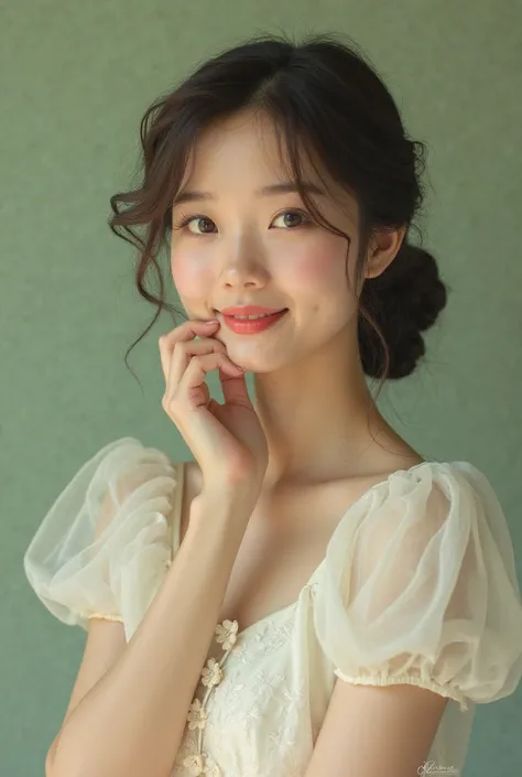 ，Elegant beauty，Wearing a white dress，With a gentle smile，Vintage hairstyle， holding her chin ，big eyes，A half-length portrait。 she has exquisite facial features ，The background is a retro oil painting style，Creates a dreamy feeling、Nostalgic feeling。The c...