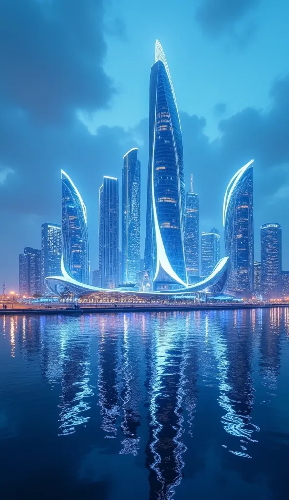 A futuristic cityscape with sleek skyscrapers made of glass and steel, glowing in a striking white and blue color scheme. The skyline reflects perfectly on the calm water, enhancing the contrast between the brilliant white lights and deep azure tones. The ...