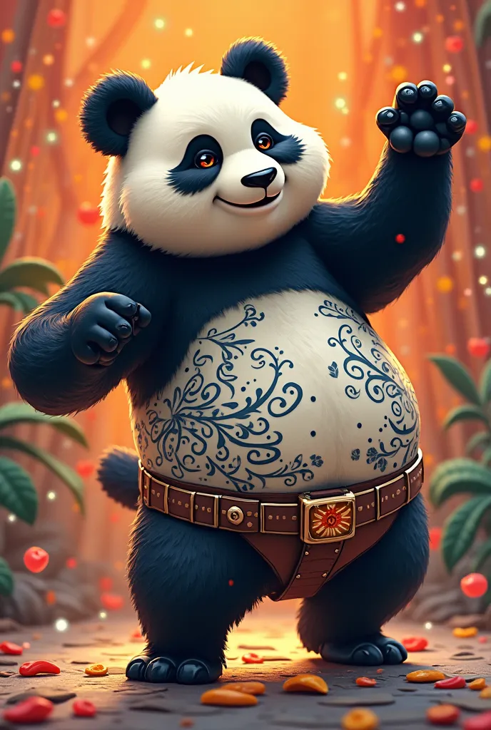 Create a 40-second reels with a tattooed panda and cell phone around the waist, Him dancing funk 