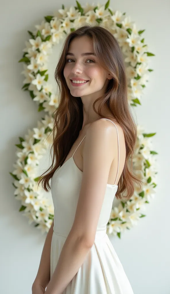 (((A beautiful, 25 years old, gorgeous, seductive and sexy, Slavic girl))), (((with long, flowing light brown hair))),  beautiful brown eyes, (((wears an elegant luxury white satin dress, smiling gently with a sense of peace and harmony))), Behind her is a...