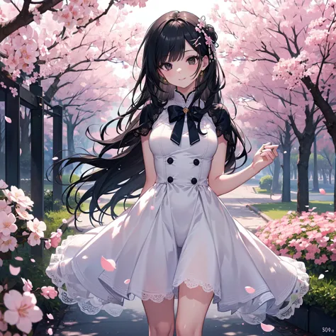 １ under a cherry tree , cherry blossoms in full bloom,  hairpins, cute,  the overall color scheme is pale , 
High Tea Dress , Blue Bow , viewers,  stand straight , sex, perfect hands with full nudity, 
(solo:1.1), 
(One Girl:1.2), ( detailed and perfect lo...