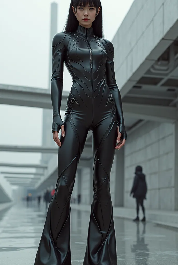 's jumpsuit with open leg and straight black hair.