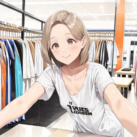 とてもvery small breasts、(( top quality, 8k, table is 、on her skin :1.3)), sharp concentration :1.2, 美しい mature , 45 year old married woman , mature , (( loose fit t-shirt )), (( It loosens when you lean forward )), ( beautiful breasts ), (ve...