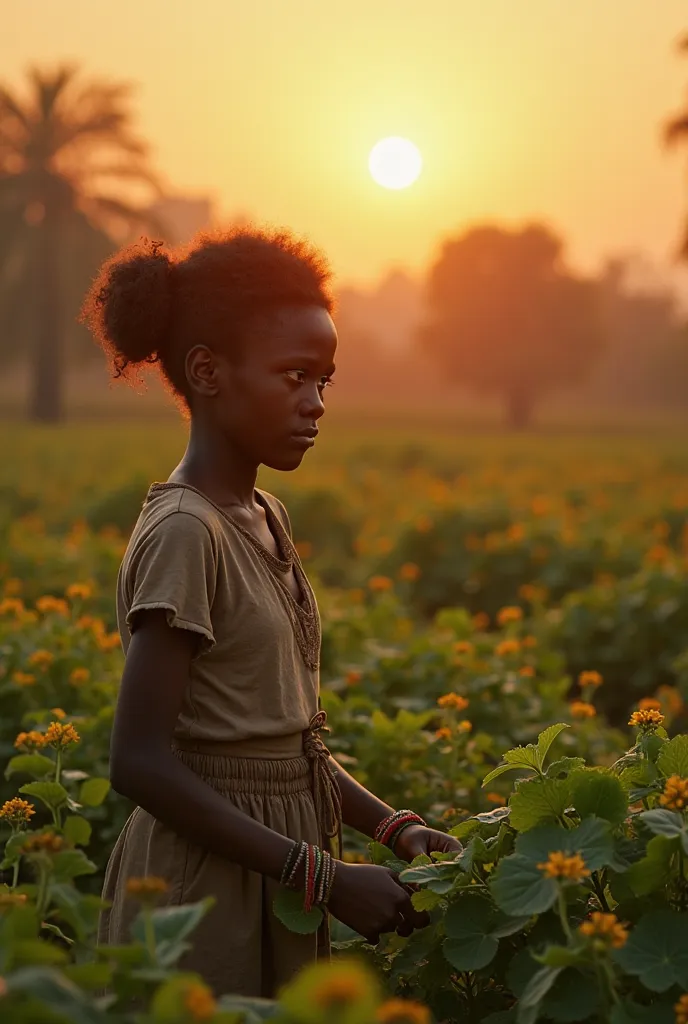 The sun rises over a small, quiet village. The fields are lush, and the air is fresh. A young girl, AMARA, in her late s, is tending to crops in the fields alongside her parents. Her hands are rough from the work, but her eyes are full of quiet determinati...