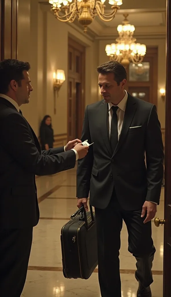 A well-dressed businessman, Eric Reynolds, walks into the luxurious lobby of the Grand Bell Hotel. The receptionist hands him a room key labeled "403" while security cameras capture the moment. The hotel interior is elegant, with dim lighting, marble floor...