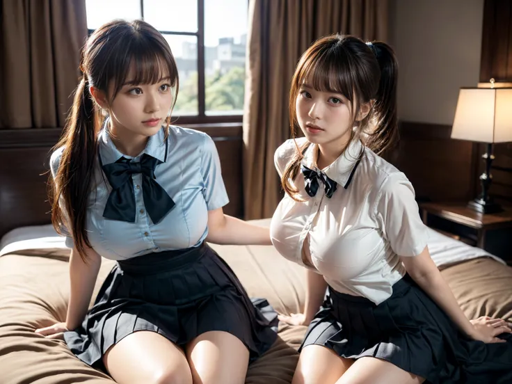 (RAW photo, 4k, masterpiece, high resolution, extremely complex) (realistic: 1.4), cinematic lighting
 ((2 girls, 2 schoolgirls)),Slam Dunk's,blushing,((innocent)),bright eyes,round eyes,blunt bangs,(ponytail:1.3),black hair,large breasts,wide hips,Summer ...