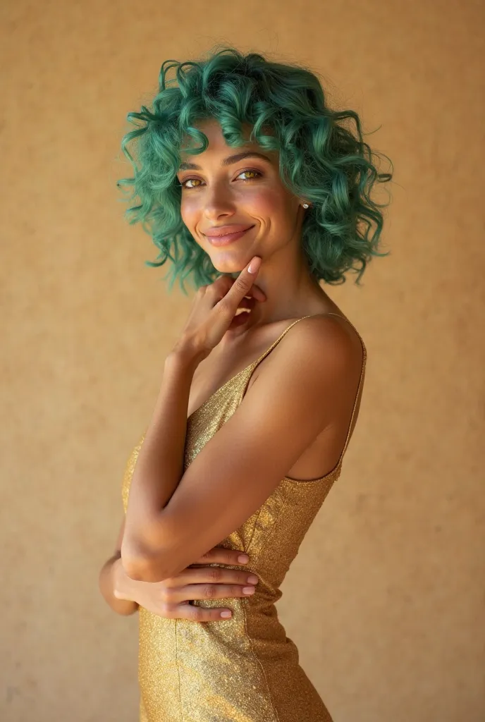 Fashion photo, beauty photo, green curly hair, green eyes, happy Brazilian supermodel, , tanned body and piercing yellow eyes. Her short, shoulder-length cyan hair shines under the warm studio light. She stands barefoot against a minimalist backdrop of sop...