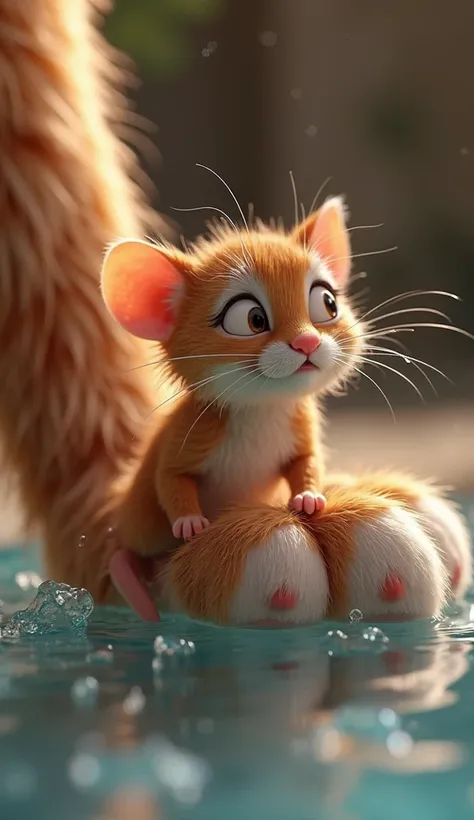 In Pixar 3D animation style, a tiny mouse cautiously climbing onto a cat's paw. Both characters have exaggerated proportions with the mouse being extra small and the cat's paw being comically large. The mouse has enormous expressive eyes and the signature ...