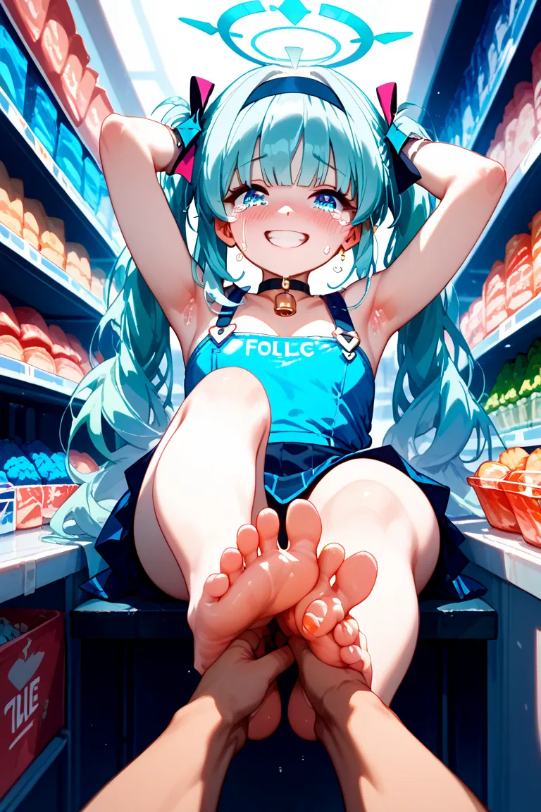 Blue Archive's character Plana,tickle shes armpit,is embarrassing、 teary eyes in the store、side、smile、Restraint