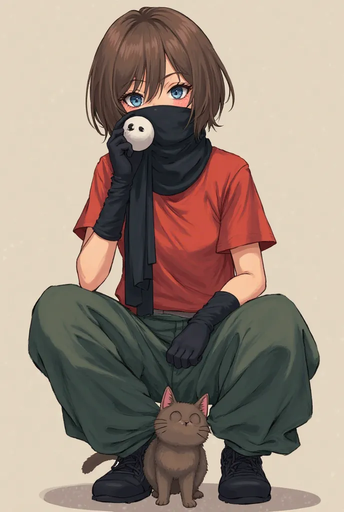 A  girl, short brown hair covers the eyes of the ball, has blue eyes, black scarf-like mask, covering his mouth, red blouse do not cover the shoulders, black sleeveless gloves, ample dark green pants, black shoes and loves cats 