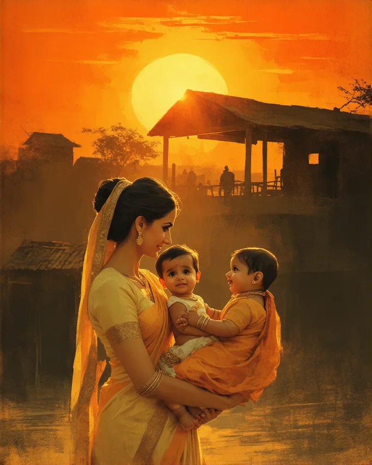 1970s retro Bollywood-style poster on Women's Day, mother figure, baby in arms, radiant glow, golden sari, expressive eyes, warm sunset colors, home setting, Indian village backdrop, hand-painted Bollywood family drama poster style, vintage Bollywood typog...