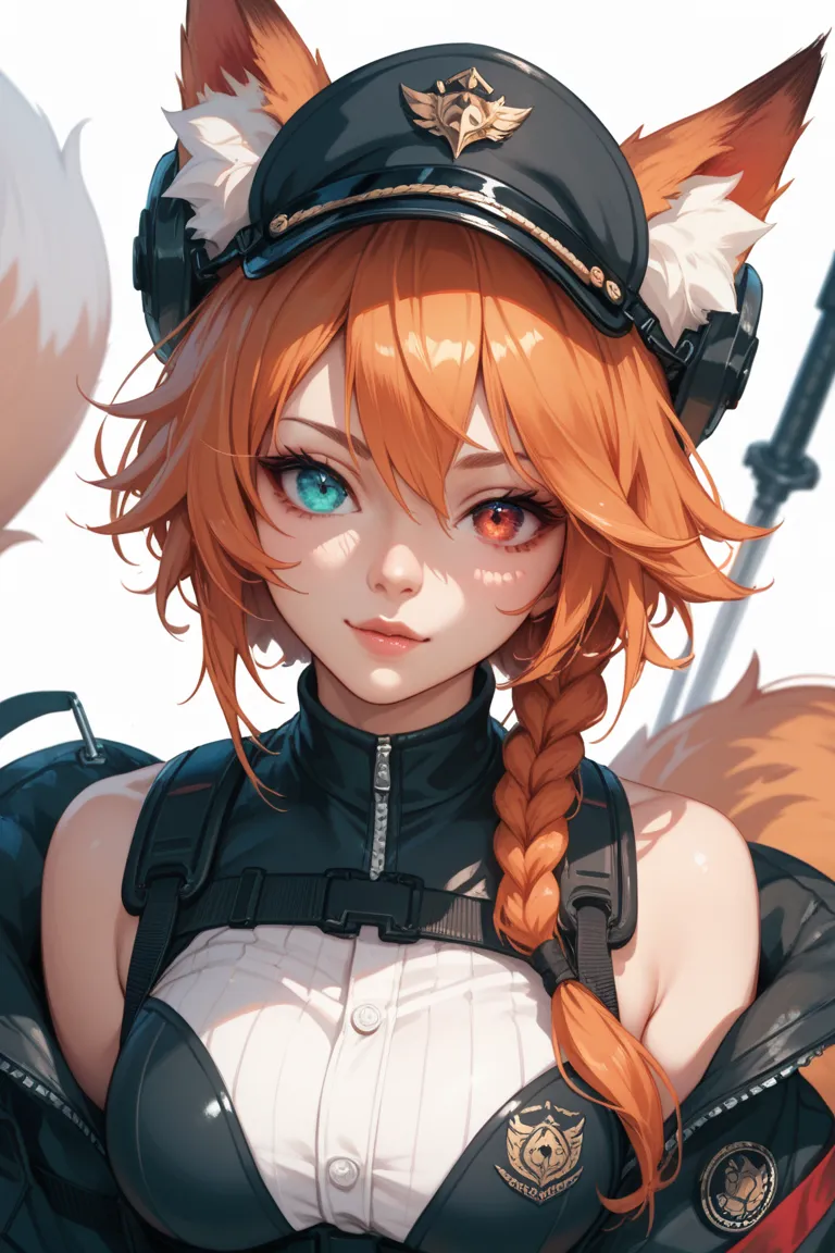 A older girl with with orange hair wearing a black military gear with heterochromia eyes with one cyan eye and one red eye and fox ears and and tail