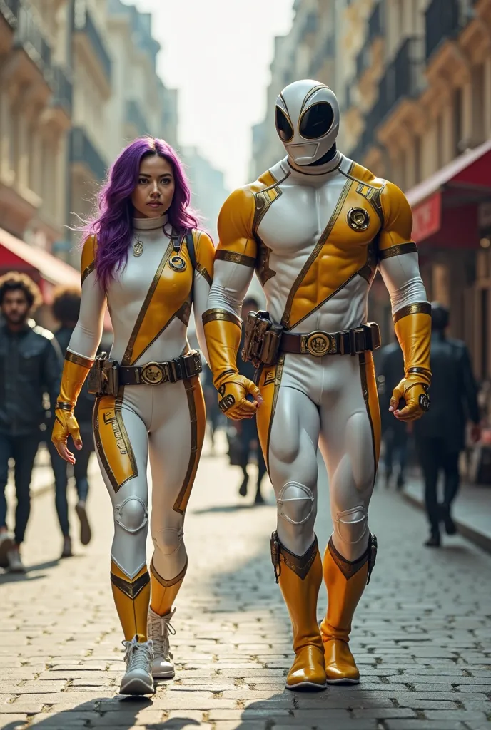 A muscular man wearing a power rangers deathpool fusion costume white color yellow combination and a beautiful woman,purple hair, wearing deadpool costume white color yellow combination,walking together in the streets of paris, background people are walkin...