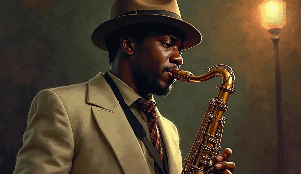 create a picture of a black man in a hat playing the saxophone in the style of jazz from the thirties