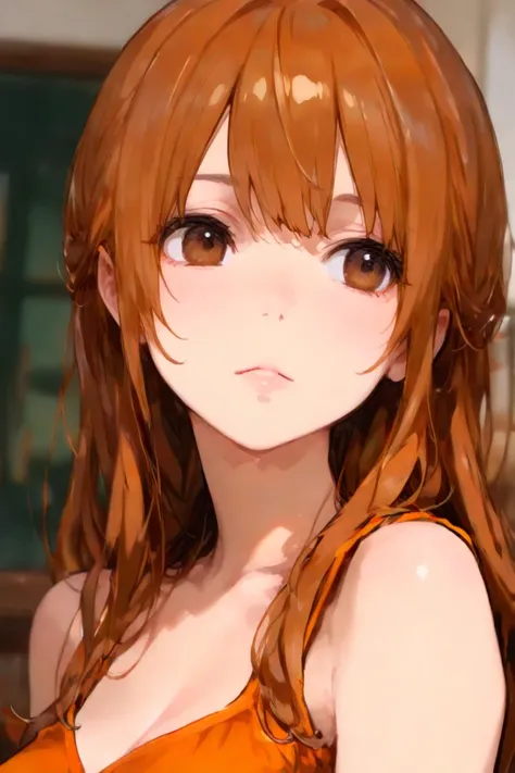 A anime girl with brown eyes. The top of the hair is orange the bottom is brown 