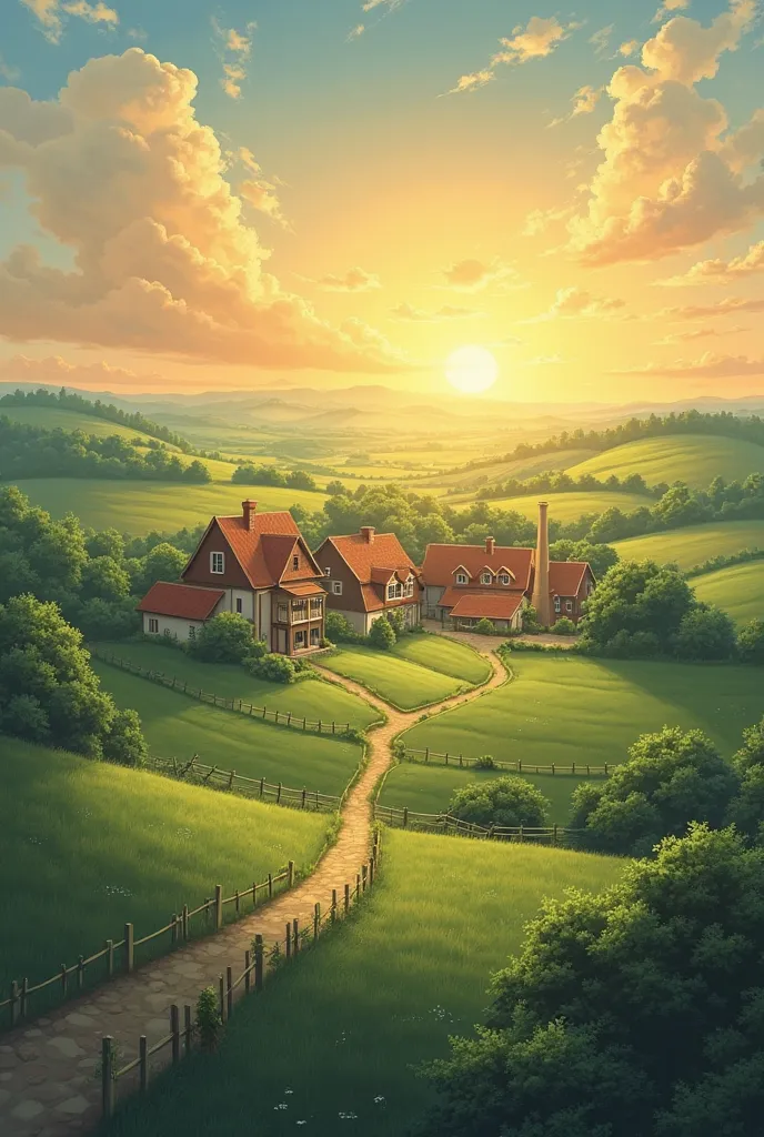 The sun rises over a small, quiet village. The fields are lush, and the air is fresh