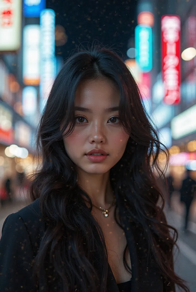 8k, high quality,  ultra details,  Euro-American woman, Young 25 years old,long black hair, Realistic, modern days, stylish clothes, Photoshoot in Tokyo 