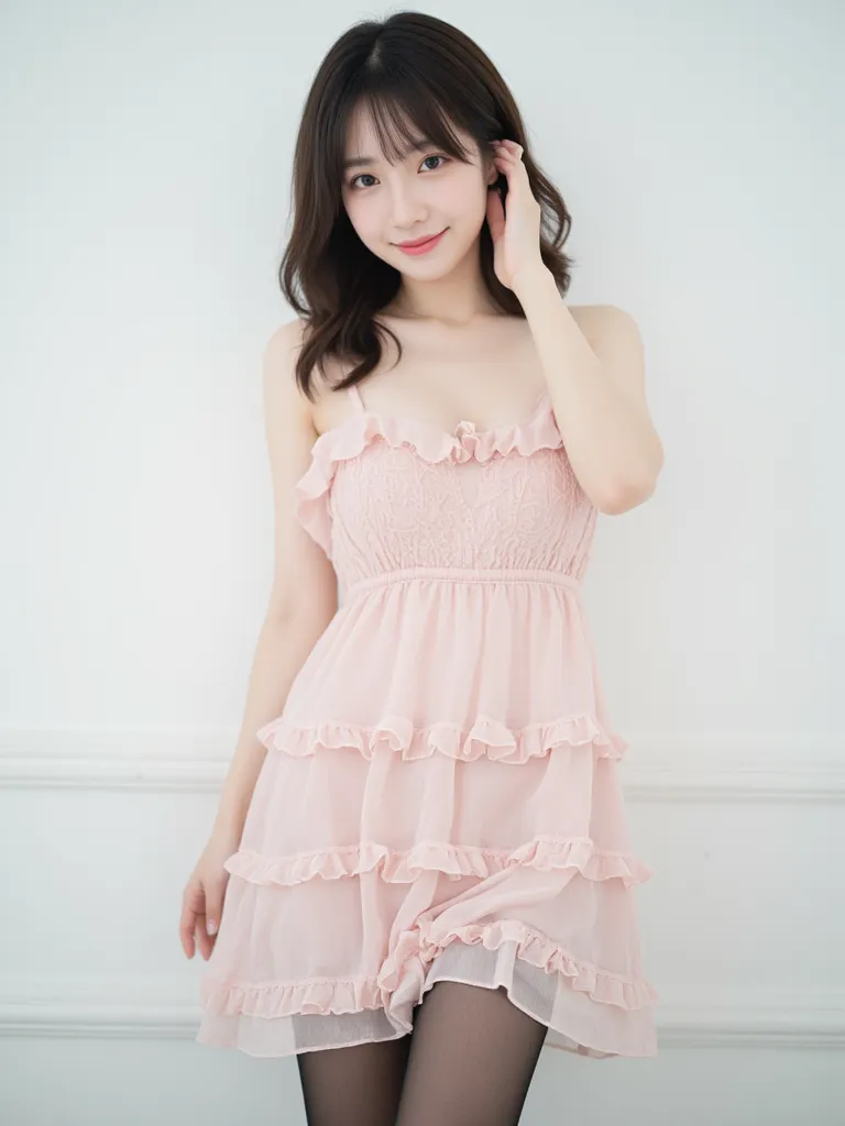 A Japanese shy girl, 18 years old, smile, big eyes, big breasts, sleeveless off shoulder frilly dress, black pantyhose, in white room, whole body photo, depth of field, UHD, accurate, anatomically correct, textured skin, super detail, high details, high qu...