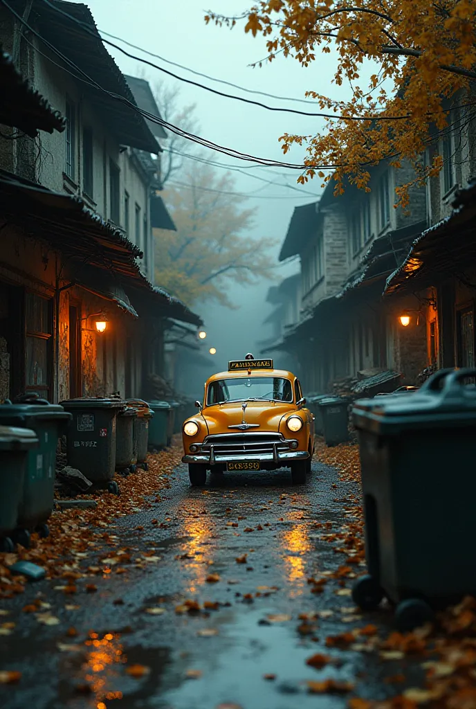 landscape village streets, old taxi, damaged building facades, autumn leaves, Muddy Roads, overcrowded garbage cans,  Dilapidated walls , shabby signs, dim lighting, bright lights , blurred motion, photorealistic style, High resolution, detailed study,  pe...