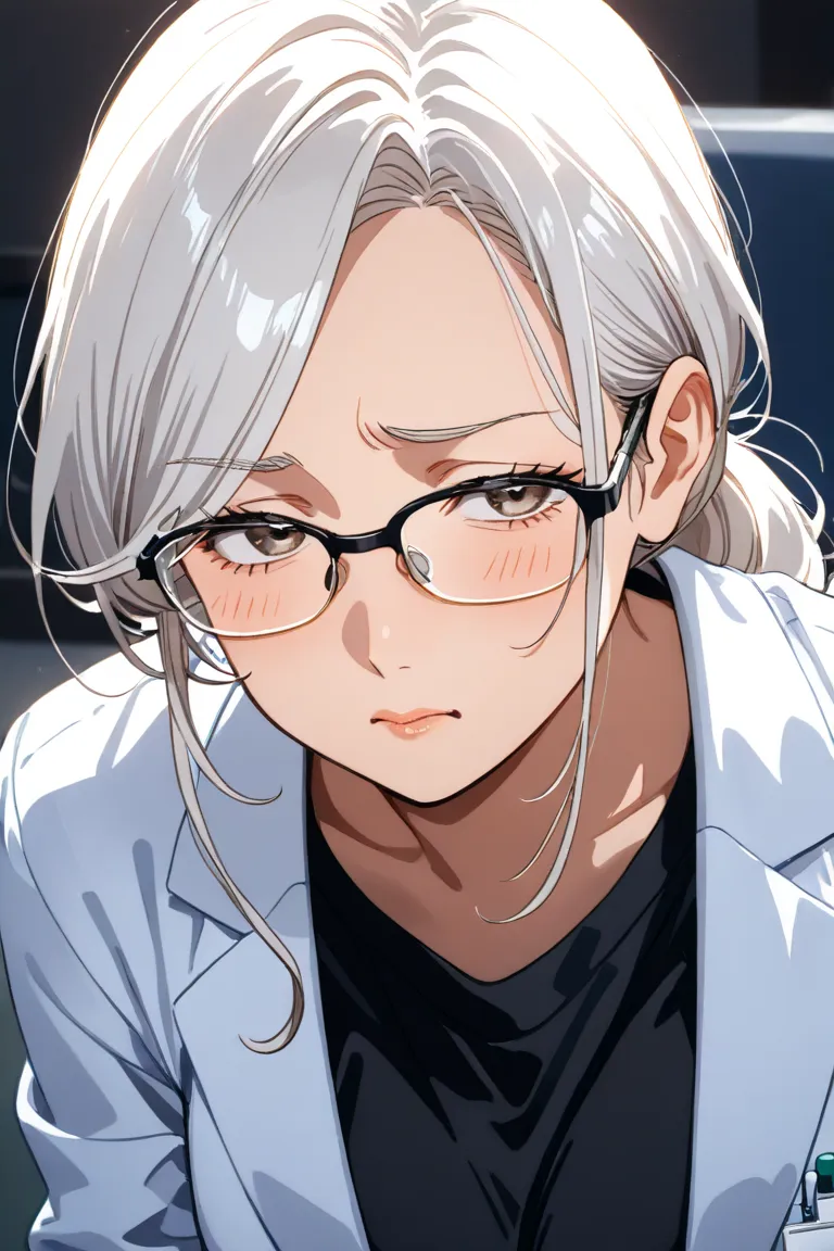 30 year old woman , white hair with black lines,  wearing lab coat  ,  is wearing glasses , with a flat facial expression