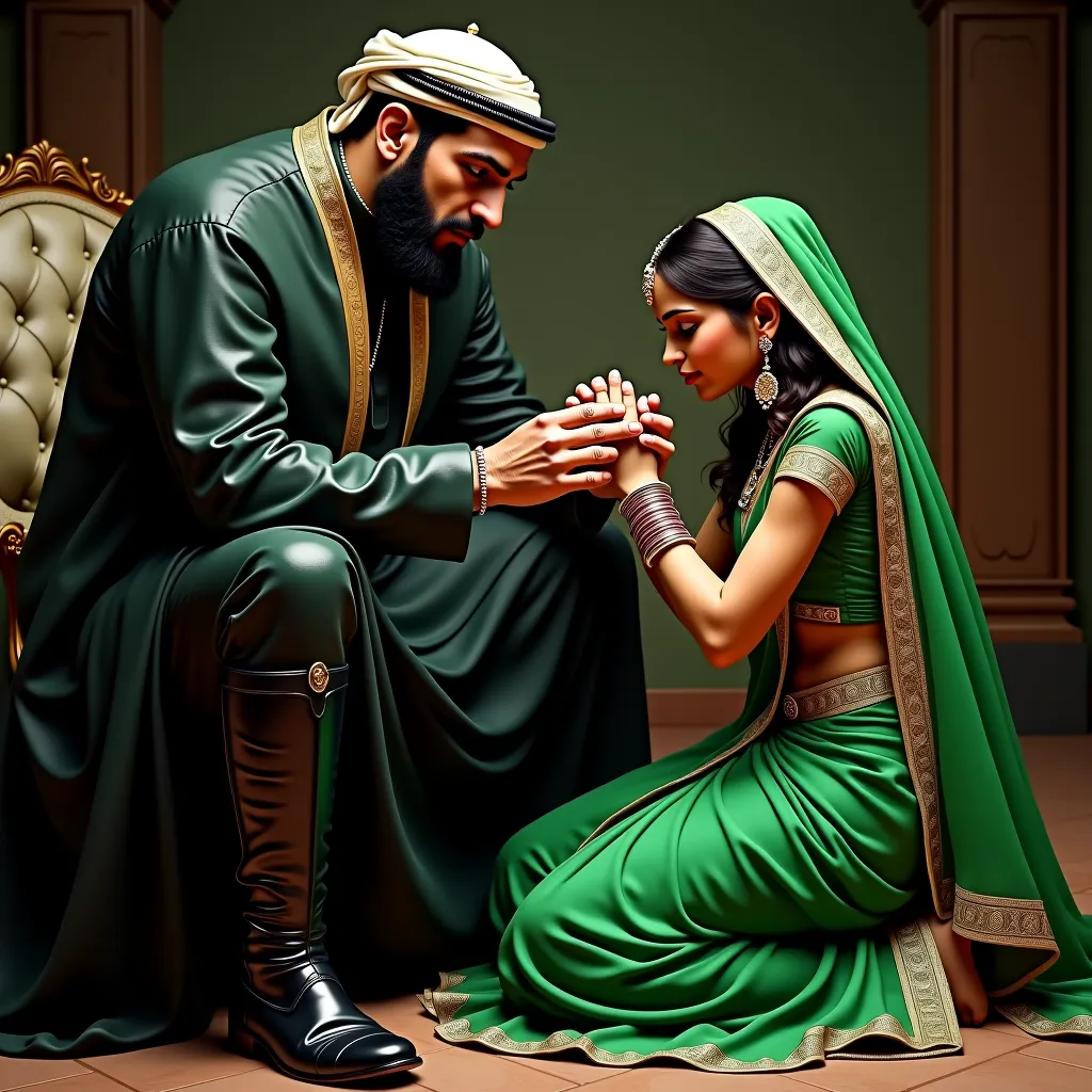 Arab man wearing black leather boots sitting on chair, kerala hindu submissive girl wearing green marriage saree kneel down and kiss his boots