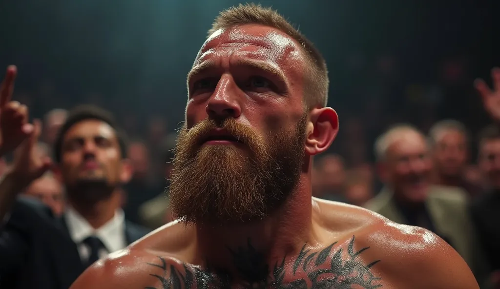 Prompt: "Ultra-realistic, cinematic close-up of Conor McGregor being carried out on a stretcher from the MMA octagon. His face displays both pain and deep contemplation, with sweat glistening on his skin. The crowd in the background shows mixed reactions—s...