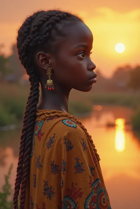 Scène 2 : Ama fait la promesse
	•	Prompt : “A close-up of a young African girl, Ama, with a determined expression, speaking to her friend by the ruisseau. The girl is dressed in a simple, traditional outfit. The background shows the vibrant colors of the A...