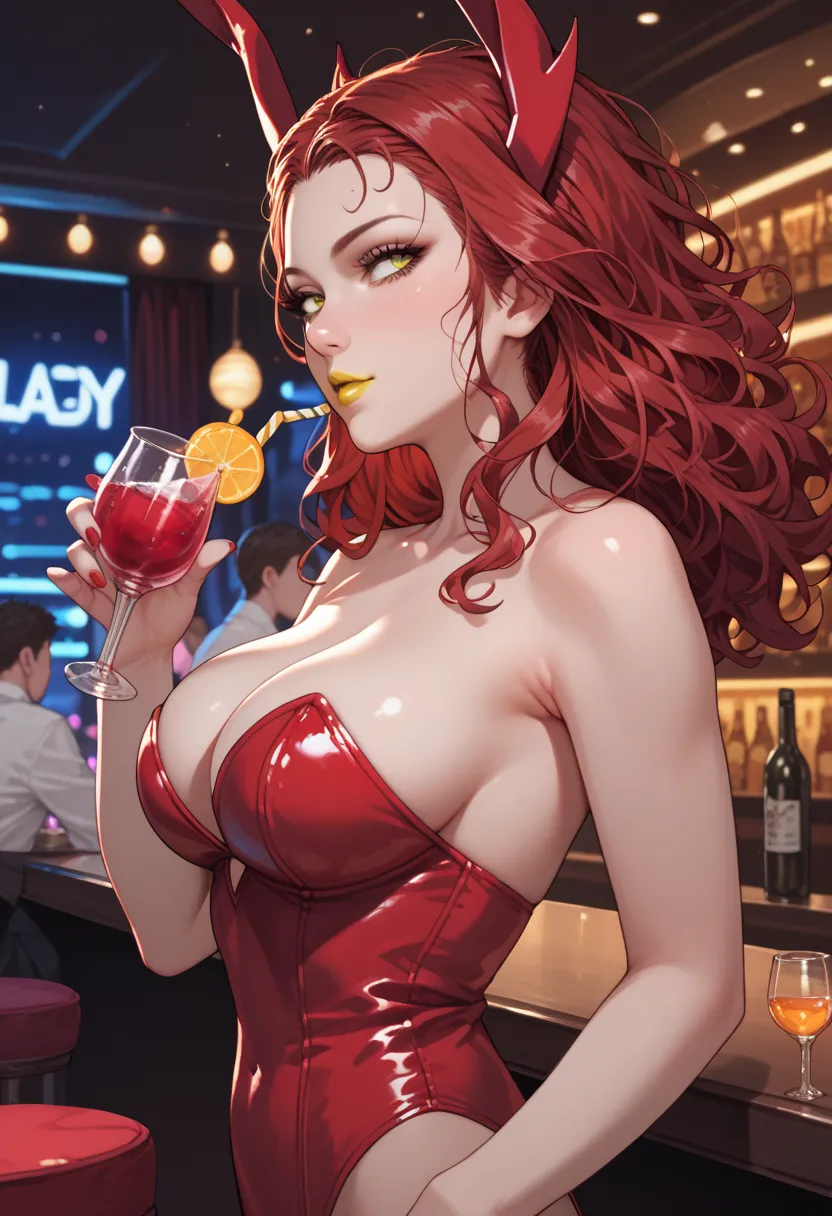 woman, big breasts, yellow lipstick, anime style, white skin, red hair, red bunny outfit, nightclub, drinks, nightclub lights, party, side view, loose hair, yellow eyes, focus on character, Scarlet Witch 