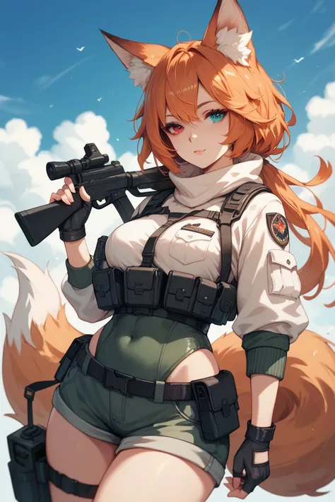 A older girl with with orange hair wearing a black special ops military gear with heterochromia eyes with one cyan eye and one red eye and fox ears and and tail 