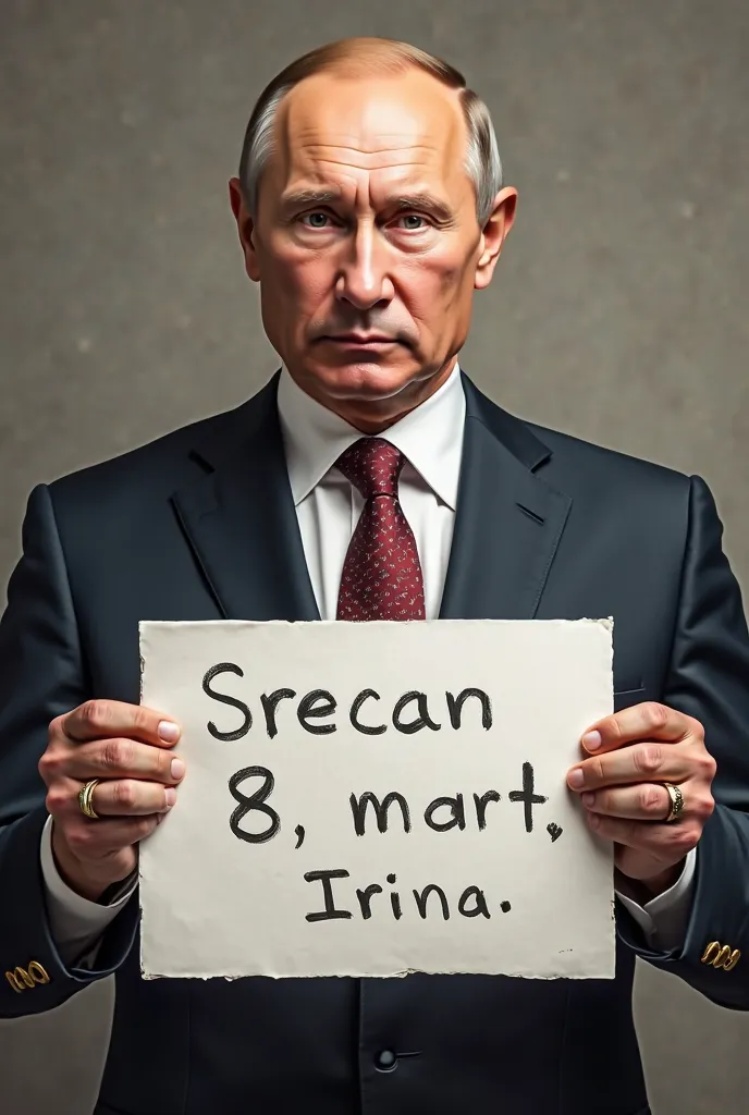 Vladimir Putin with a sign that says "Srecan 8. Mart Irina"