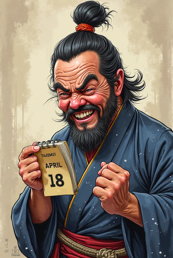 
A samurai  Twenty-nine year old man cried when he saw the calendar for April 18, 2024 The one in the column .cartoon . masterpiece.amazing caricature