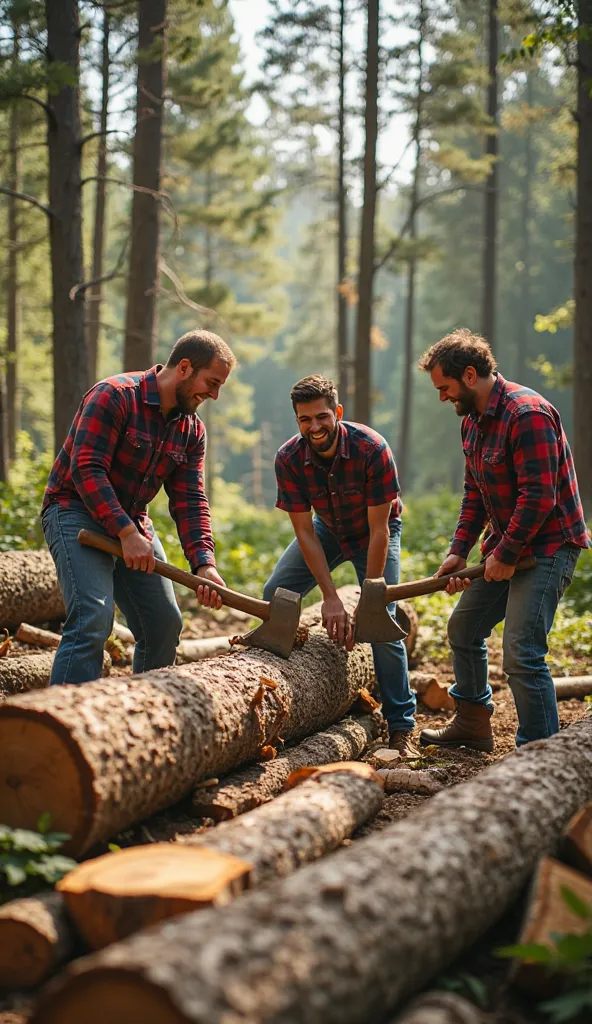 A group of lumber workers joyfully chopping wood in a dense, green forest. They wear classic lumberjack attire—plaid shirts, rugged jeans, and sturdy boots—while using axes and saws to split large logs. Their faces show determination and satisfaction as th...