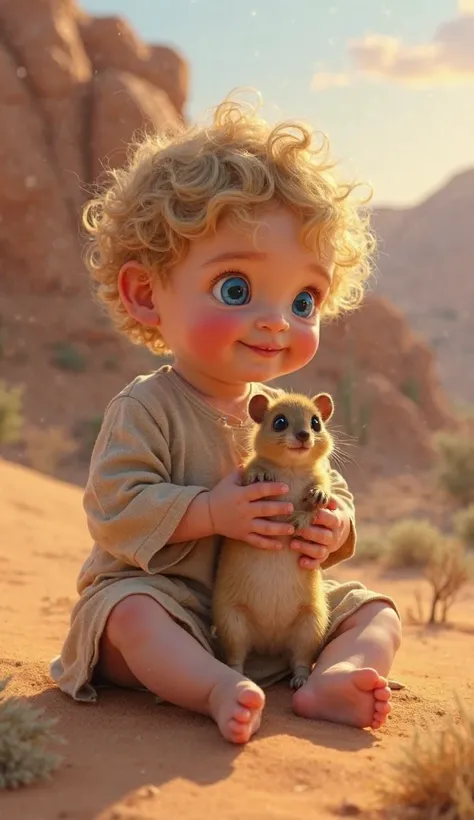 A hyper-realistic image of a baby boy gently cradling a small kangaroo rat with striking blue eyes, set against a warm desert backdrop. The baby, around one to two years old, has soft golden-blond curls that glow under the gentle sunlight. His round blue e...