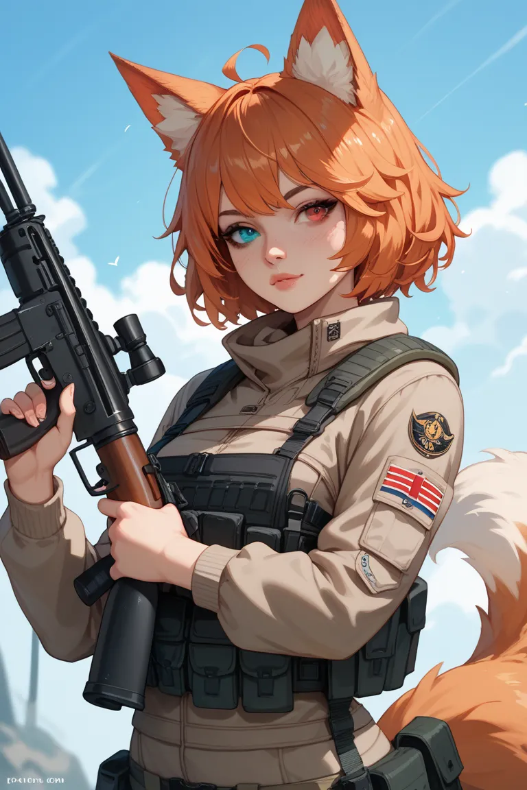 A older girl with with orange hair wearing a black special ops military gear and holding a 50 cal rifle with heterochromia eyes with one cyan eye and one red eye and fox ears and and tail 