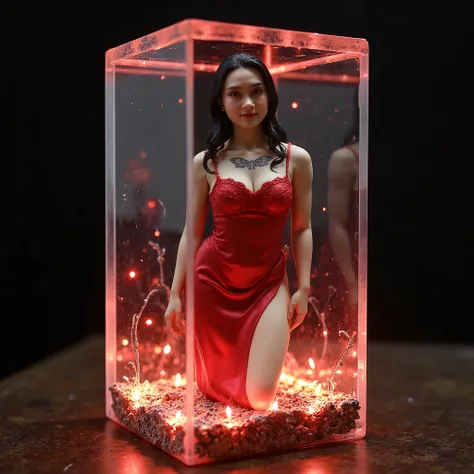 A **4D ultra-realistic miniature figurine** of a breathtaking woman wearing **sensual red silk nightwear**, delicately preserved inside a **transparent floating glass cube**. This **8-inch enclosure** refracts light around her, casting **soft crimson glows...