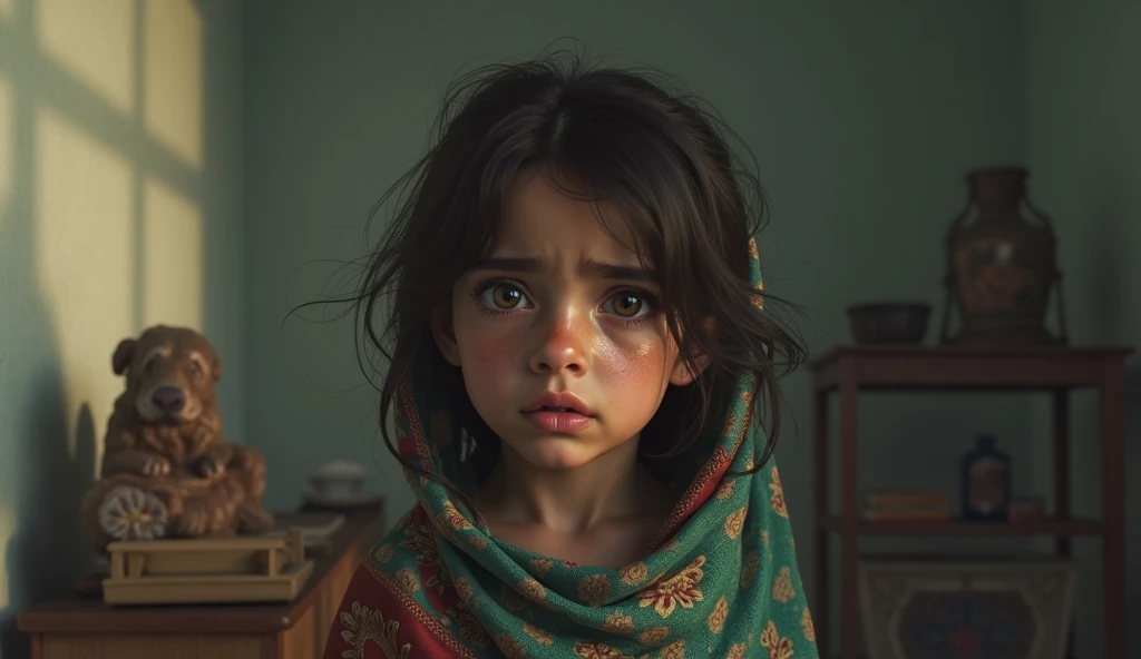 Create a hyper realistic image a  Pakistani girl standing in room and crying 