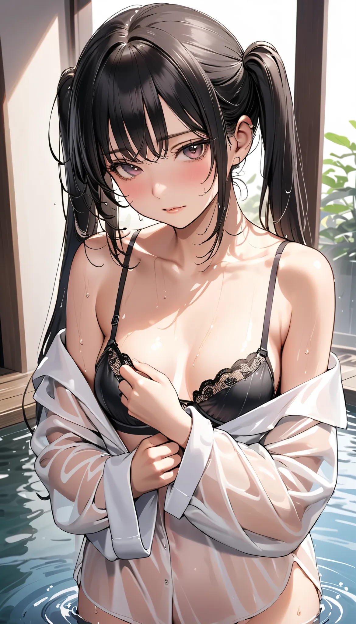 ((masterpiece,best quality)),(Girl After Taking a Bath ),(( Her Clothes Are Wet and Her Naked Body Can Be See-Through )),( Black Lace Push Up Bra),long black hair, twin tails,oversized shirt, color shirt, Sleeves Over Wrist, very small breasts, Modest expr...