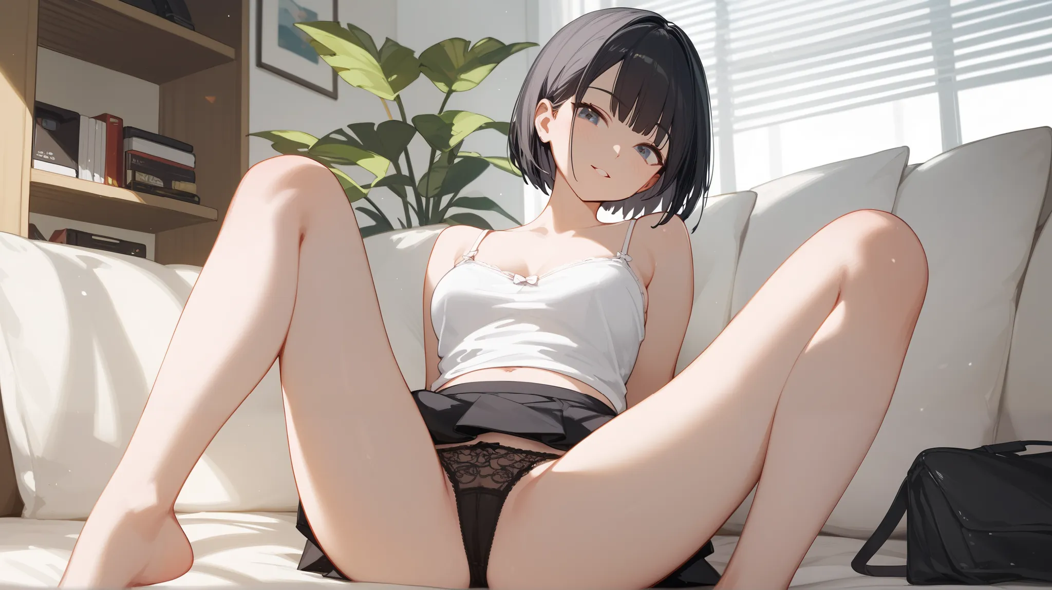 (((high image quality))）、（（One person））、 35 year old Japanese woman、 slender body 、very short bob、white camisole、black skirt、The underwear is a black bra and panties.、Sitting with legs open in the living room、Looking Here、